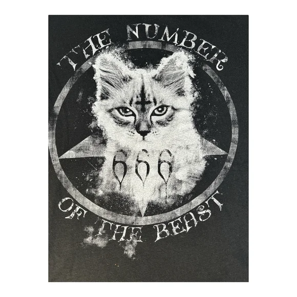 Number Of The Beast T-Shirt, Gothic Cat, Evil Feline, Hail Lucifer 666 Sz L - Picture 2 of 3